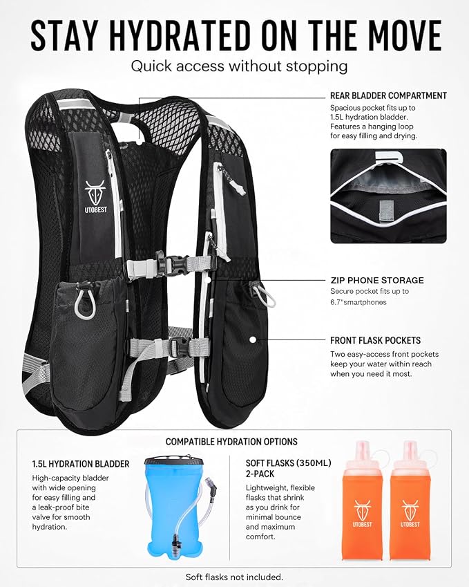 UTOBEST Running Vest, 5L Hydration Vest Lightweight, Breathable and Sweatproof Running Backpack, Adjustable Running Hydration Vest for Trail Running Marathon Race Jogging Cycling