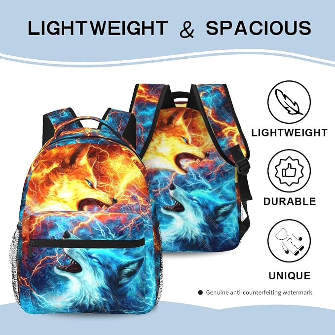 Kids Wolf School Backpack For Boys Girls Cool Fire and Ice Wolf Boys Backpack For Kids Children Teens Elementary Middle School Cool Lighting Bookbag Travel Back Pack for Age 6-18