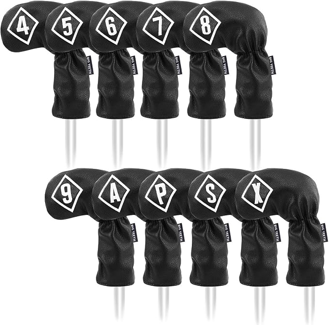 BIG TEETH Golf Iron Head Covers 10Pcs Set Long Neck Golf Club Protector Leather with Number Tag fit for Taylormade All Brands
