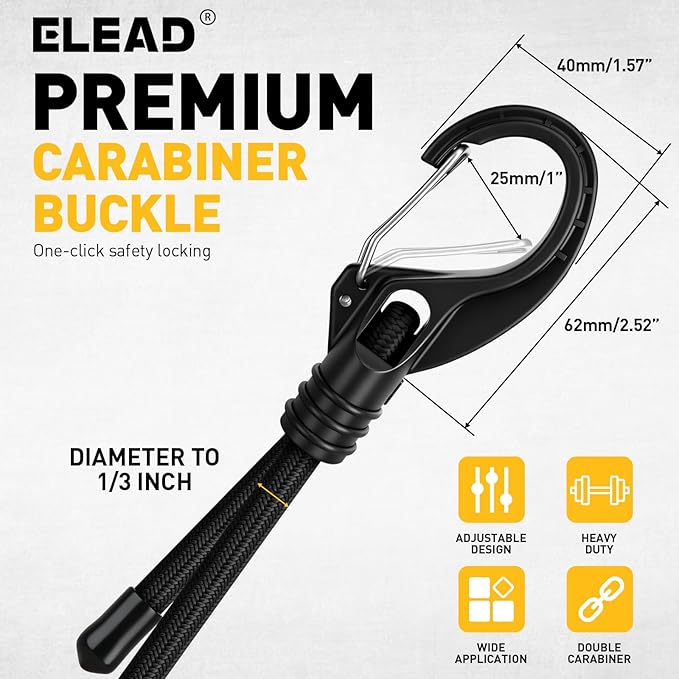 8-Piece 24-inch Adjustable Bungee Cords with Hooks, Heavy Duty Outdoor Carabiner Bungee Straps, Easily Adjust from 7" to 24", Black Super Elastic Cord for Cargo, Camping, Bike Racks, Tents