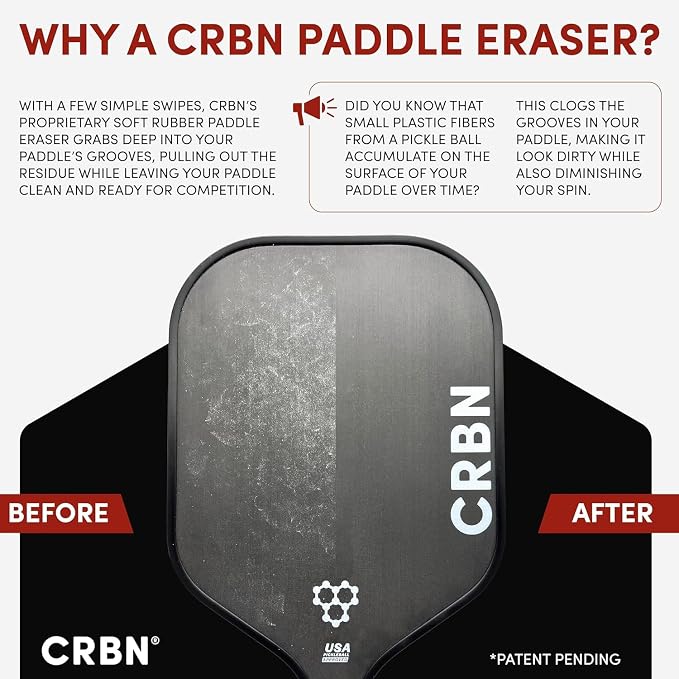 CRBN Pickleball - Paddle Eraser, Best Carbon Fiber Pickle Ball Racket Cleaner, Fast & Easy Rubber Bar to Remove Ball Residue, Dirt, & Minor Scrapes/Scratches - Choose 1 Pack or 2 Pack
