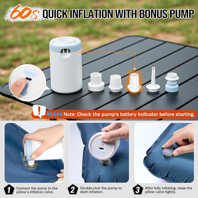 Double Sleeping Pad for Camping- 2 Person Camping Mattress with Pillow, Inflates in 60 Seconds Sleeping Pad with Pump-Electric/Foot Portable Air Pad for Backpacking, Hiking, Tent, Car Travel, Beach