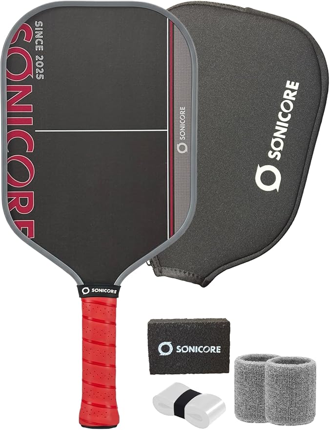 Pickleball Paddle Set, T700 Carbon Fiber, 16mm Core for Control & Spin, Includes 1 Paddle, Paddle Sleeve Cover, 2 Wristbands & 1 Grip Tape | Sonicore CourtVibe
