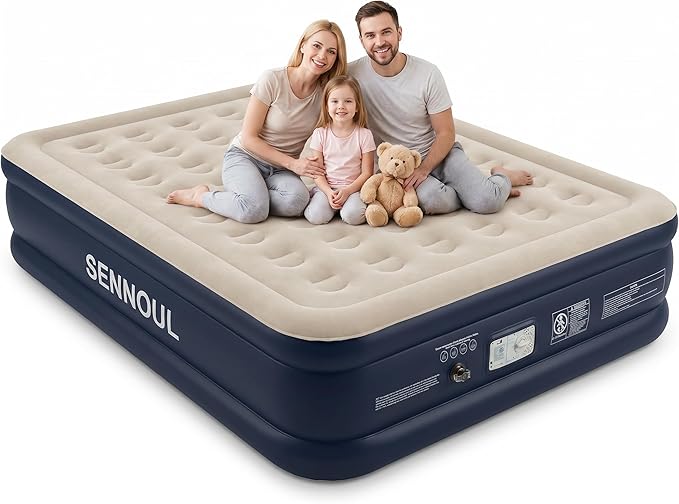 SENNOUL Air Mattress Queen with Built in Pump, Inflatable Mattress Blow Up Mattress 18 Raised Comfort,Upgraded Surface Portable Bed, Air Bed for Home, Guest, Camping, Colchone Inflable, 650 lbs