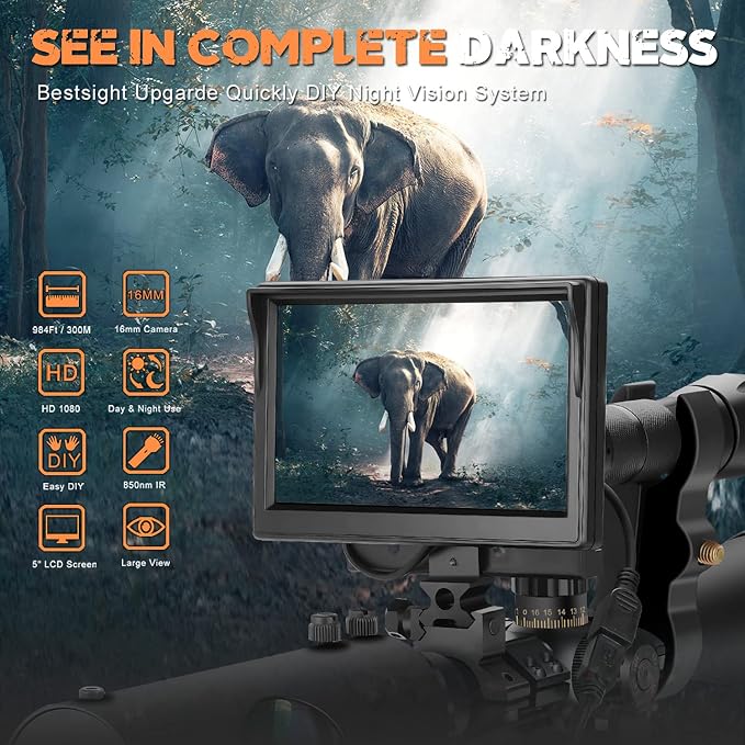 DIY Night Vision Scope with 5" Display and 850nm IR | Quick Installation Barrel, 5W Infrared Illuminator, 218 Yards/200m Night View, Fits 38-44mm Eyepiece Rifle Scope