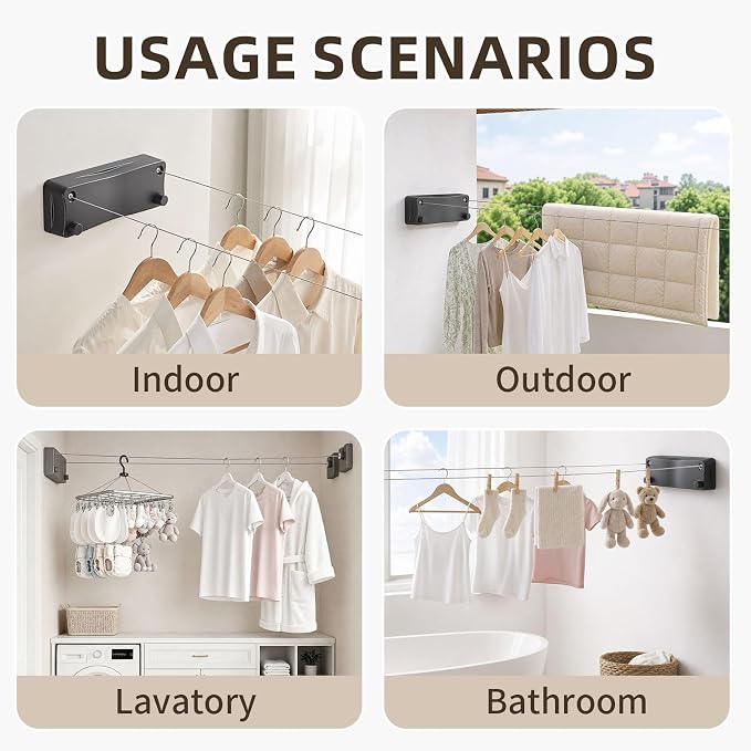 Anti-Sag Retractable Clothesline 40LB Capacity - 201in Stainless Steel Laundry Line for Indoor Outdoor, Wall Mounted Space Saving Easy Install (Gray, Double Lines)