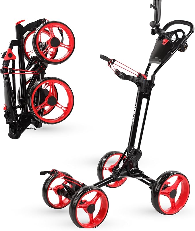 Qwik-Fold Golf Push Cart 4-Wheel with Foot Brake – 1-Second Fold Golf Trolley, Lightweight Aluminum Frame, Adjustable Handle, Ball-Bearing Wheels & Umbrella Holder