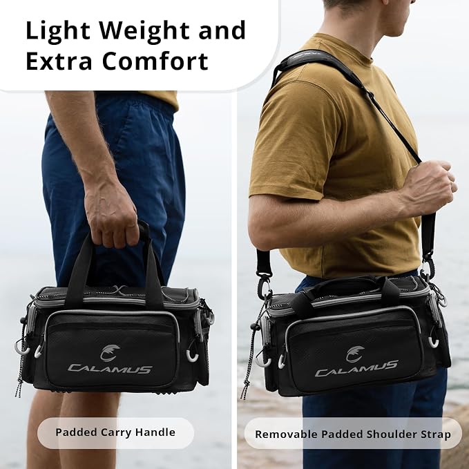 Calamus TB61 Fishing Tackle Bag，Black | Saltwater & Freshwater Fishing Bags, Rip-Stop PE, Padded Shoulder Strap, Pliers Storage, Easy to Organize, Functional Design