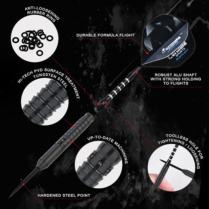 Formula Sports 90% Tungsten Darts Metal Tip Set - Professional Steel Tip Darts Set 21g/22g/23g/24g, with Aluminum Shafts, Tungsten Barrels, Dart Sharpener, Extra Flights