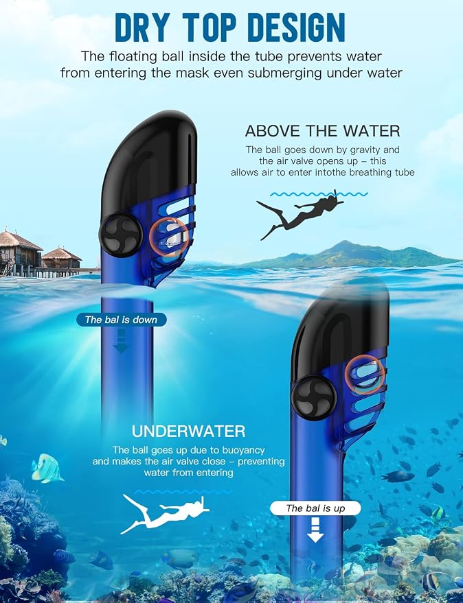 Full Face Snorkel Mask for Adults, 180° Panoramic Anti-Fog Snorkeling Gear with Dry Top System & Camera Mount, Foldable Anti-Leak Design for Travel, Swimming & Ocean Snorkeling