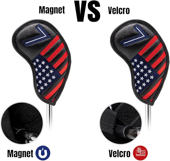 Magnetic Golf Iron Covers Premium Leather Iron and Wedge Golf Club Head Covers - Set of 10 Fits Most Clubs USA American Flag Head Cover Set Headcovers for Irons