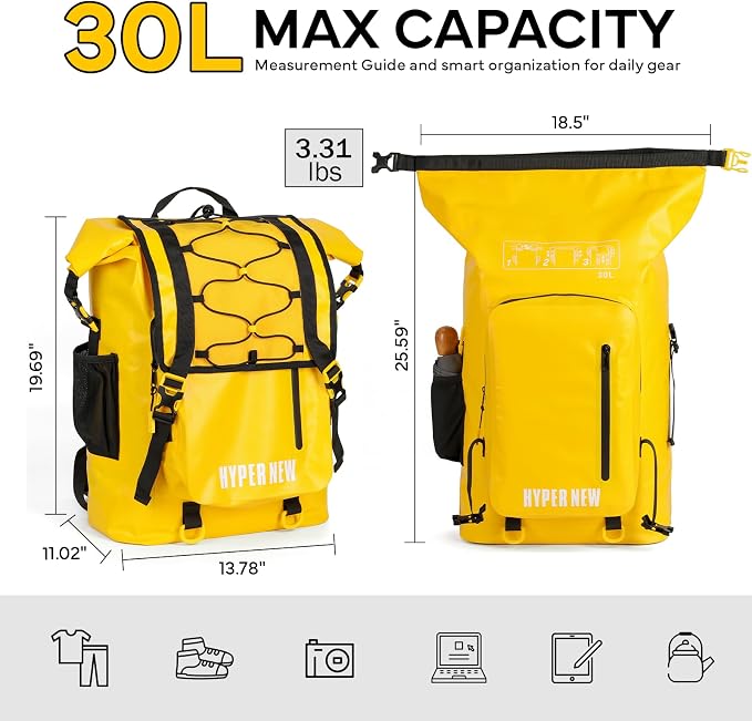 Waterproof Dry Bag Backpack 30L | Roll-top waterproof design, Men WomenTeens, Kayaking Boating Hiking, Camping Rafting Fishing, Travel Outdoor