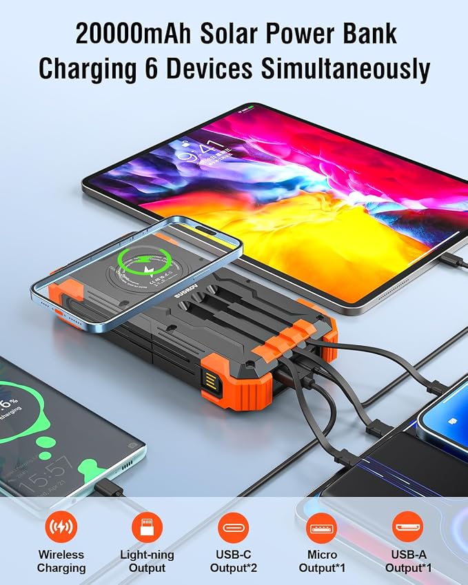 Solar Power Bank 20000mAh with Built-in 4 Cables, Wireless Portable Charger USB-C 3A Fast Charging for iPhone Samsung, Battery Pack with Flashlight, Thermometer, Solar Charger for Camping Travel