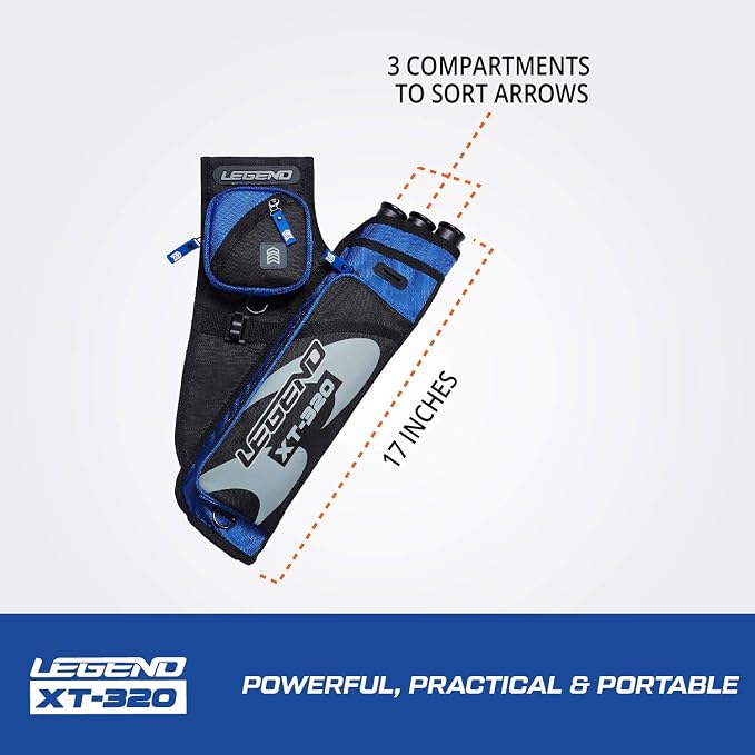 LEGEND XT320 Archery Quivers - Nylon Hip Quivers with 3 Arrow Tube Cases for Target Shooting - Adjustable Waist Belt, T-Slot, Storage Compartments for Accessories, Gear, Tools, Release Tab, Score Card