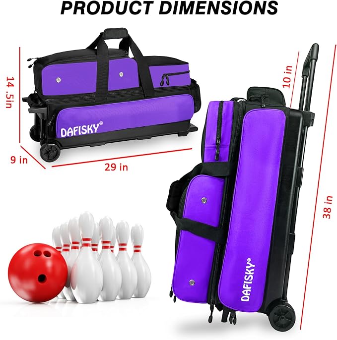 DAFISKY 3 Ball Bowling Bags with Wheels, Roller Bowling Bag with Multiple Pockets Retractable Handle Extends to 38‘’