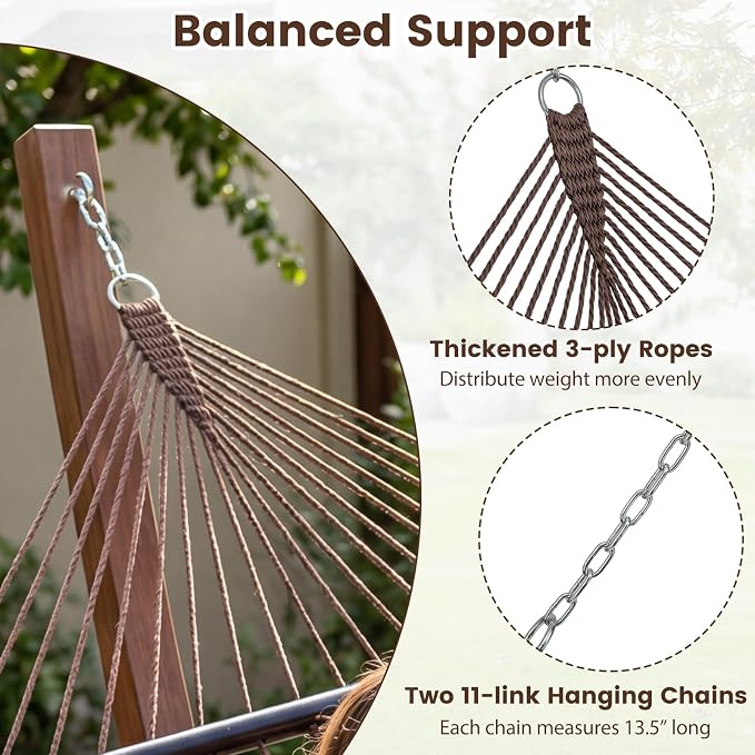 Tangkula 10.5FT Caribbean Double Hammock, Heavy Duty Portable Hammock with Curved Spreader Bars, Soft-Spun Polyester Rope, 2 Person Outdoor Hammocks for Outside, 600 lbs Max Load