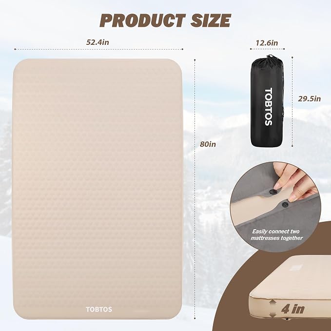 TOBTOS 4" Thick Self Inflating Sleeping Pad with Electric Pump, 150s Inflate Ultra-Compressible Foam Camping Mattress, All-Season Camping Sleeping Pad for Car, Tent - Full Size