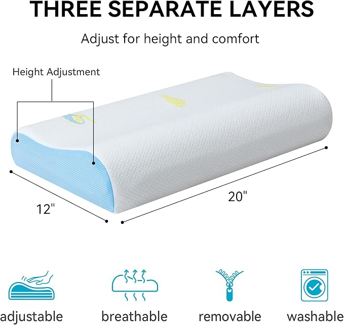 Hcore Memory Foam Pillow for Sleeping, Small Travel, Adjustable, Breathable and Soft, CertiPUR-US Certified, 12x20 lnch