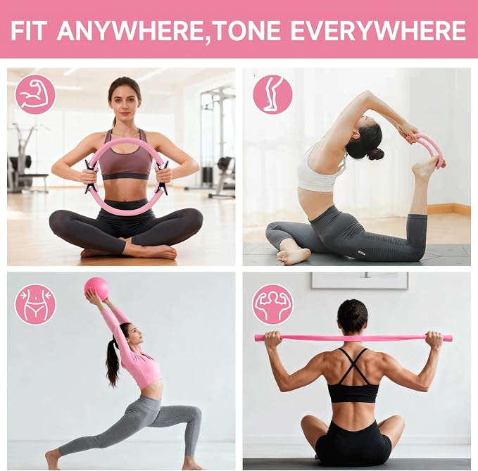 SANLIKE Home Pilates Essentials Kit for Women, Pilates Equipment Ring and Ball Set, 12'' Magic Circle, Yoga Ball,8 Resistance Bands Premium Accessories Kits for Starter Toning Workouts at Home