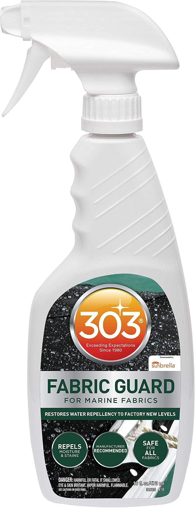 Restores water and stain resistance on boat covers, canvas, and marine fabrics.