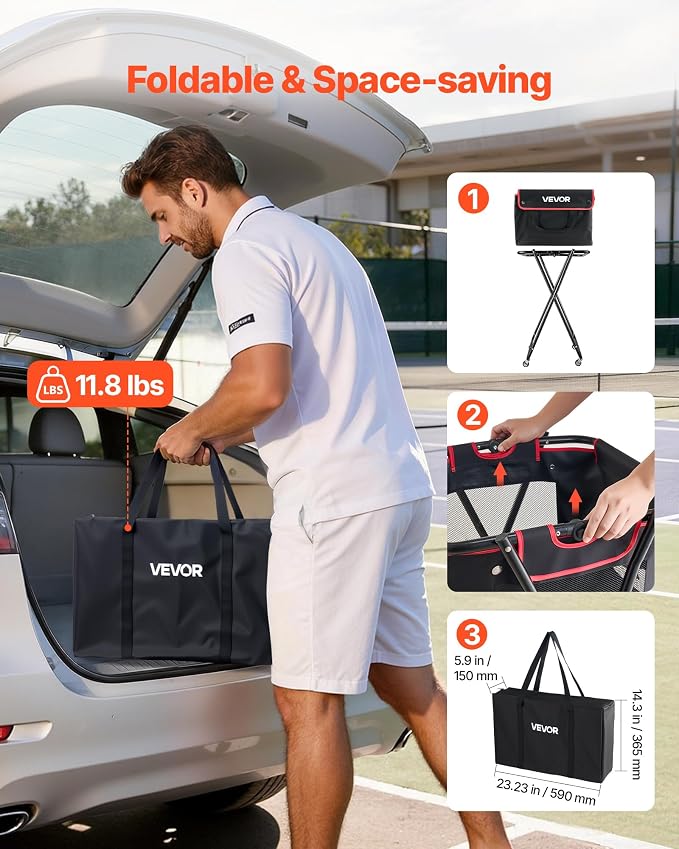 VEVOR Tennis & Pickleball Hopper Holds 200/175/150/120 Balls, 3-in-1 Tennis Foldable Pickleball Basket Cart for Easy Installation, Storage Bag for Tennis Training & Teaching