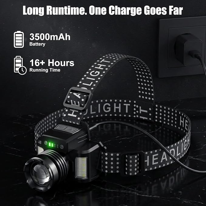 SKYFIRE Rechargeable Headlamp 3000 Lumens, Super Bright LED with Motion Sensor & COB Side Lights, 6 Modes, Zoomable, IPX6 Waterproof, 90° Adjustable Headlight for Camping, Hiking