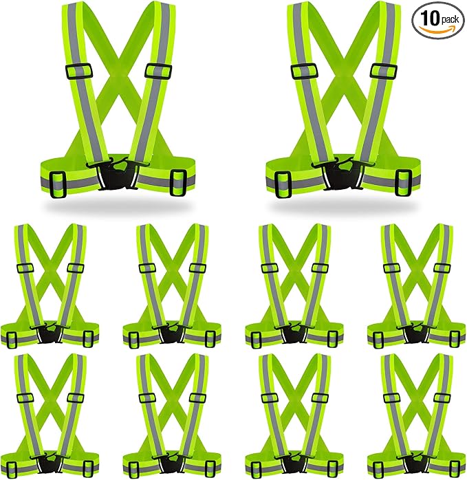 DUSKCOVE 10 Pack Hi Vis Safety Vests - Adjustable Bright Neon Color High Visibility Reflective Safety Straps Gear for Traffic Control, Running, Cycling