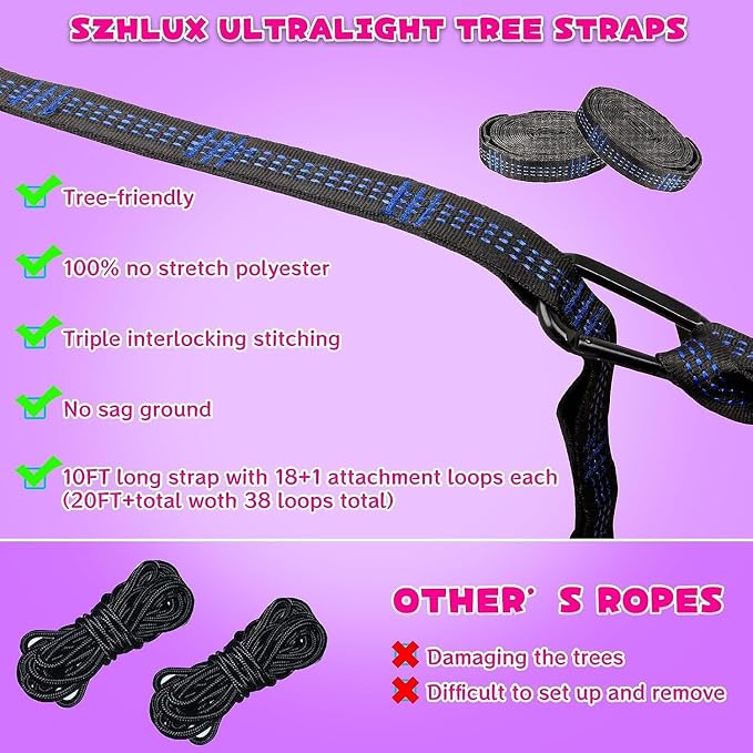 SZHLUX Kids Hammock - Kids Camping Gear, Camping Accessories with 2 Tree Straps and Carabiners for Indoor/Outdoor Use, Pink & Light Purple