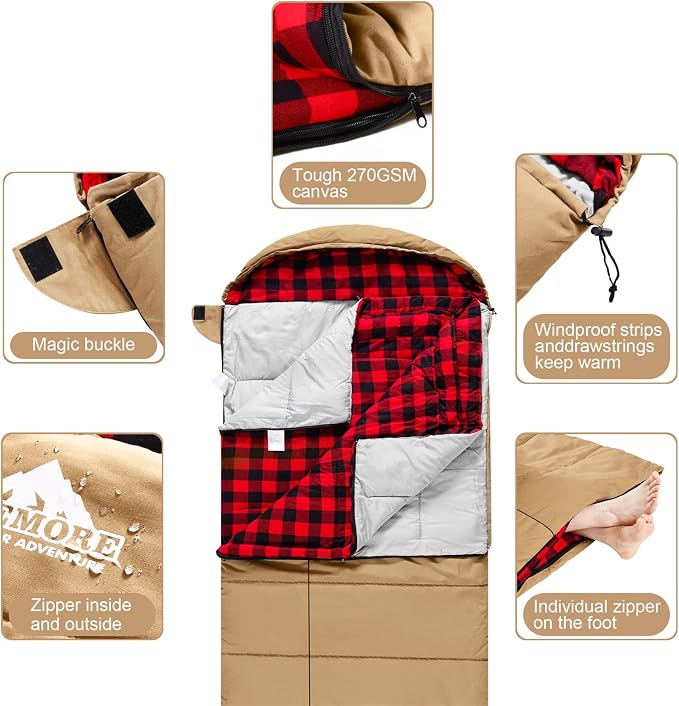 0 Degree Canvas Sleeping Bag for Adults, Cotton Flannel Sleeping Bag for Winter Camping, Fishing, Hunting or Traveling, Durable Cotton Canvas Shell and Removable Flannel Liner