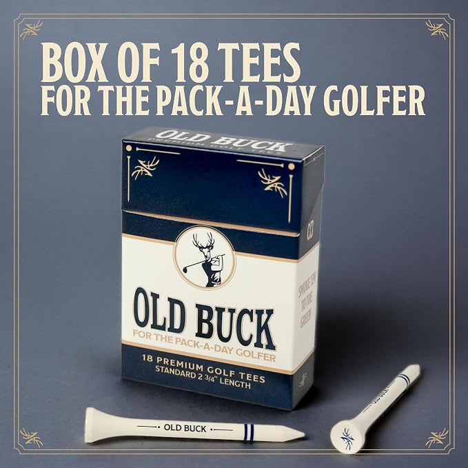 Old Buck 2 3/4" Bamboo Golf Tees, Premium Wooden Driver Tees in Cigarette-Style Carton — 18 Tees — Novelty Golf Gift for Men, Dad & Groomsmen