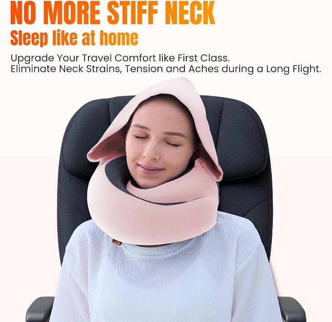 LOEXAIR™ Hooded Pro Travel Pillow - Memory Foam Neck Support Pillow for Airplane, Flight - Super-Soft Pure Cotton Fabric, Maximum Privacy & Light-Block Design, Lightweight Full Travel Kit- Sakura Pink