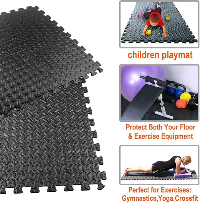 Walsai Exercise Mats Puzzle Foam Mats Gym Flooring Mat Cover 20 SQ.FT Interlocking Foam Mats with EVA Foam Floor Tiles for Home Gym Equipment Workouts Black