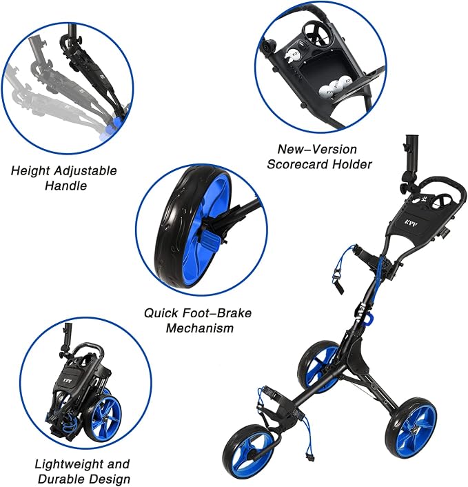 KVV 3 Wheel Golf Push Cart Ultra Lightweight Smallest Folding Size, New-Version Scorecard Holder