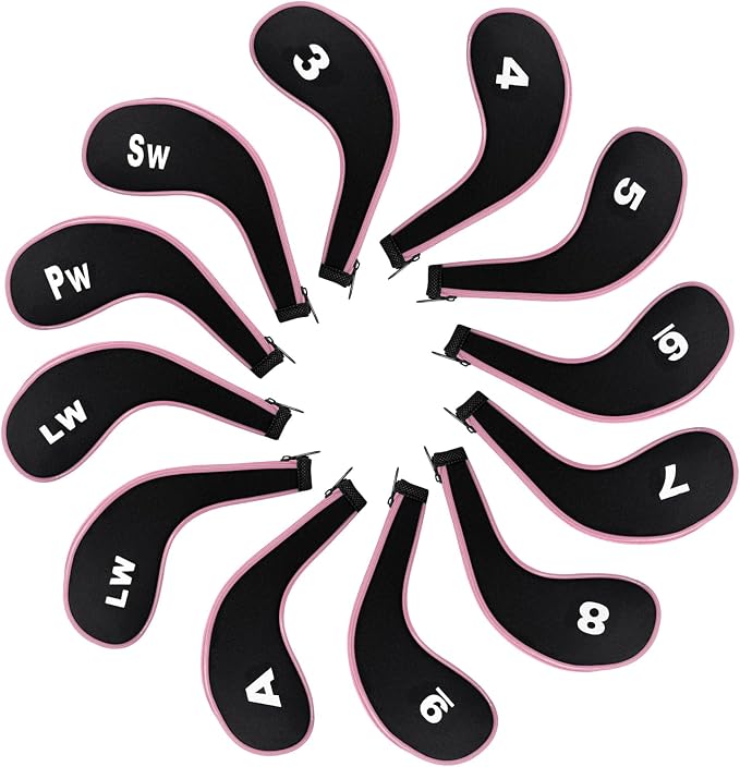 Golf Club 12pcs Thick Synthetic Zipper Long Neck Set Headcover Fit The Most Brands, Side Number Golf Iron Club Head Cover LW SW PW Covers #3,4,5,6,7,8,9