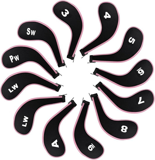 Golf Club 12pcs Thick Synthetic Zipper Long Neck Set Headcover Fit The Most Brands, Side Number Golf Iron Club Head Cover LW SW PW Covers #3,4,5,6,7,8,9
