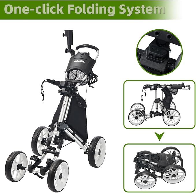 FLAGTAG Golf Push Cart 4-Wheels,Folding Golf Cart, Golf Pull cart with Cup Holder,Umbrella Holder,Cooler Bag, Foldable with one-Click,Handle Height Adjustable,Drink Holder,Walking Push cart
