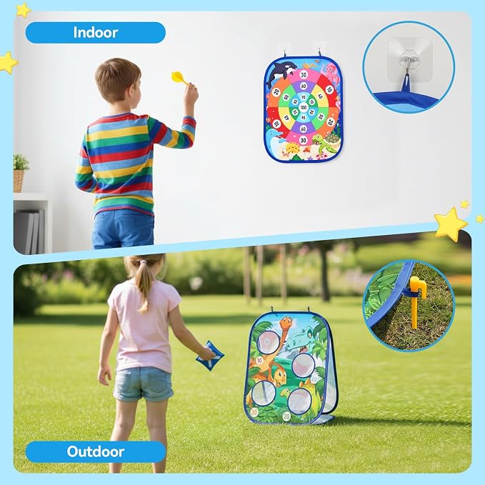AOSITE Toddler Bean Bag Toss Game for Kids 3-8, 7-in-1 Outdoor Cornhole Board Set with Ring Toss, Sticky Balls Darts, Backyard Lawn Party Games, Birthday for Boys Girls with Storage Bag