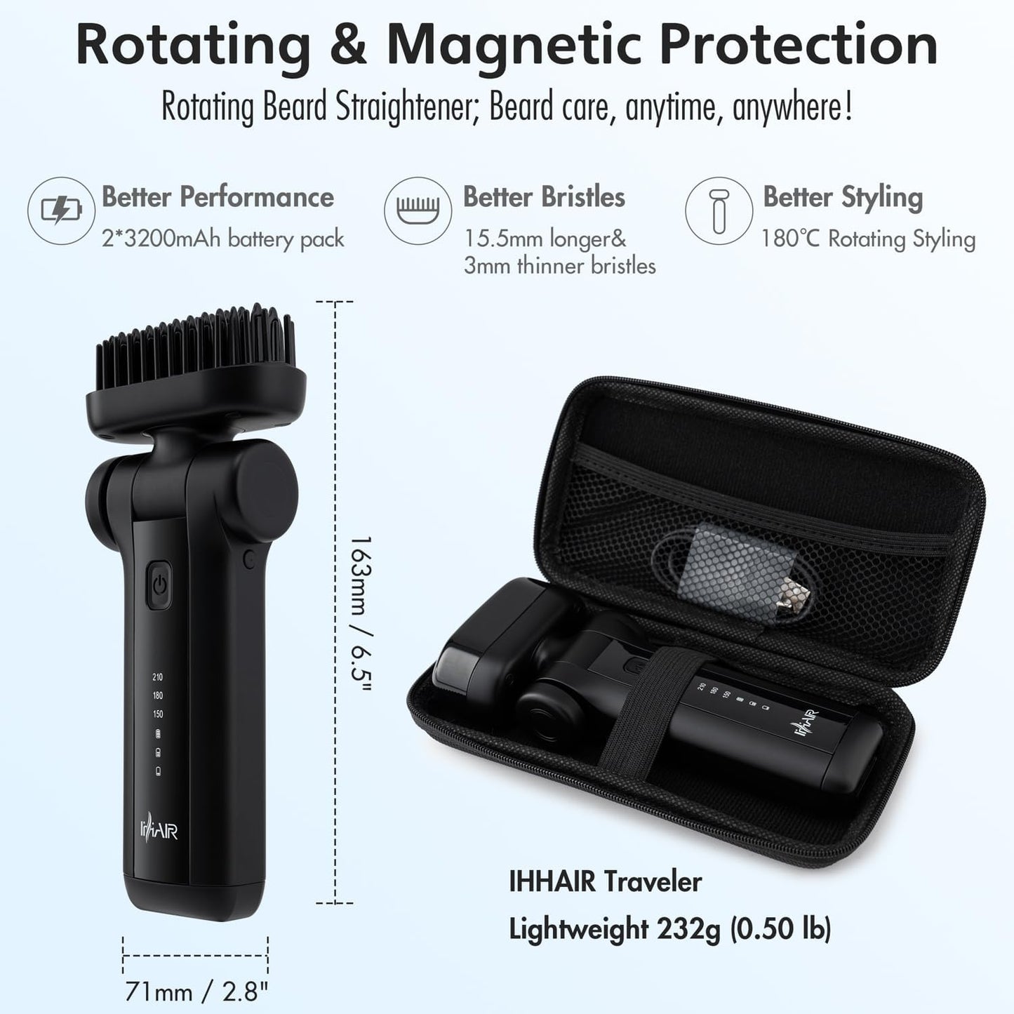 Portable Beard Straightener Brush Men Use,USB Rechargeable,6400mAh Battery,360° Anti-Scald Heated Comb,Fast Heating,Beard Straightener Brush for Short &amp; Long Beards,Ideal for Home &amp; Travel