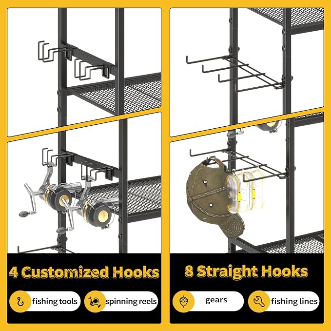 SOYEEZE Large Size Fishing Rod Holders for Garage, Heavy Duty 3-Tier Fishing Pole Rack Holds Up to 12 Rods, Fishing Gear Organizer with 2 Metal Baskets, Fishing Storage Cart with Lockable Wheels