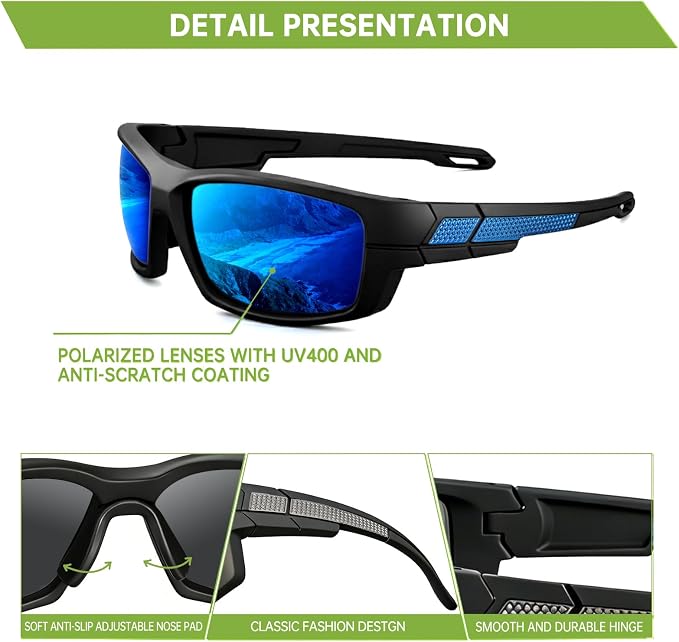 Polarized Sports Sunglasses for Men Wrap Around UV400 Sun Glasses for Running Fishing Cycling and Driving TR90