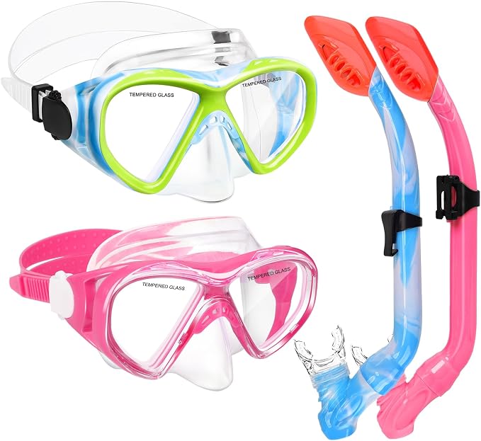2 Sets Snorkeling Gear for Kids, Kids Snorkel Set for Ages 6-14, Dry Top Snorkel Mask Set for Youth Boys Girls Junior, Tempered Glass Diving Swimming Mask Goggles