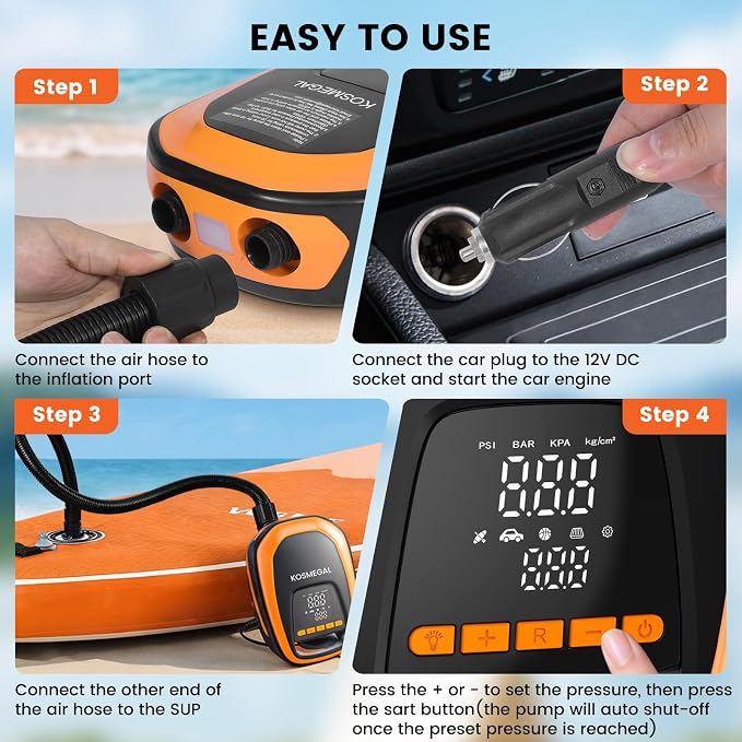 kosmegal Paddle Board Pump Electric Portable, SUP Pump for Paddleboard, 20PSI Air Compressor with Auto-Off, Deflation Function for Inflatables, Kayaks and Boats