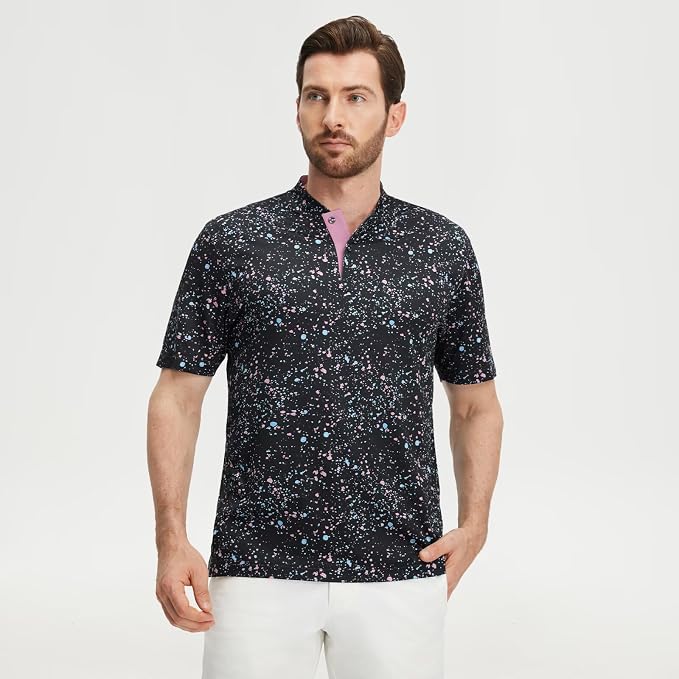 M MAELREG Golf Shirts for Men Collarless Performance Dry Fit Stretch Henley Casual Printed Mens Polo Shirts Short Sleeve