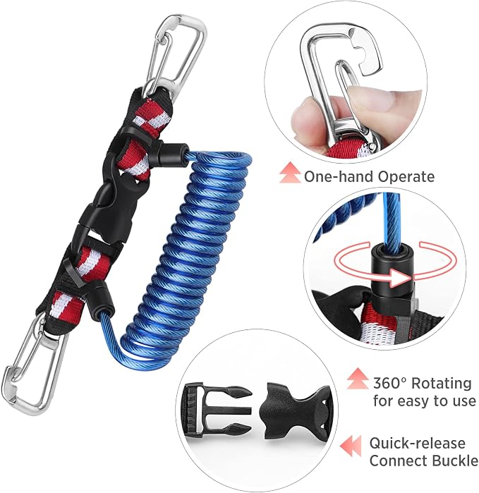Scuba Retractable Lanyard, Stainless Steel Double-Clips and Spiral Core Anti-Lost Lanyard with Quick-Release Buckle