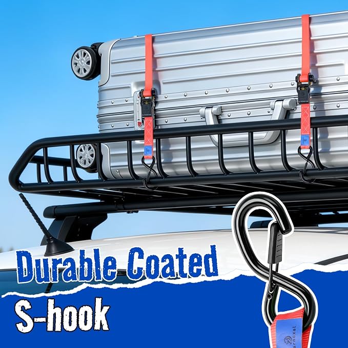 Ratchet Straps 4 Pack - 1,826 Lbs Break Strength 1 in x 15 Ft Medium Duty Ratchet Tie Down Straps with S Hooks Set for Truck, Cargo Van, Trailer, Motorcycle (Red)