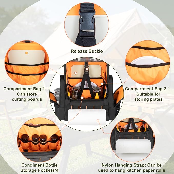 Large Camp Kitchen Organizer with Paper Towel Holder,Hanging Camping Storage Organizers with Metal Hook, Camping Utensil Bag for BBQ Cooking Essentials, With a Canvas Bag for Picnic Pot, Black