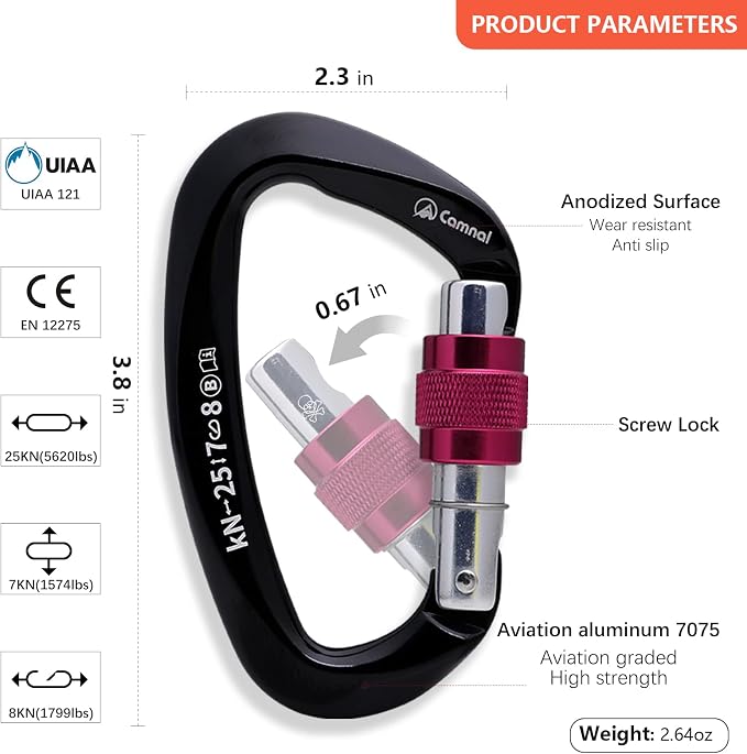 Heavy Duty Carabiner UIAA Certified Locking Carabiner 25KN (About 5620 lbs) Screw Lock Carabiner D Shape Carabiner Clip for Rock Climbing, Mountaineer, Aerial Work