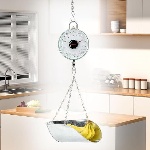 Tada 22LBS Double-Sided Dial Mechanical Hanging Scale with Scoop/Chain for Farm, Kitchen Food and Produce Weighing