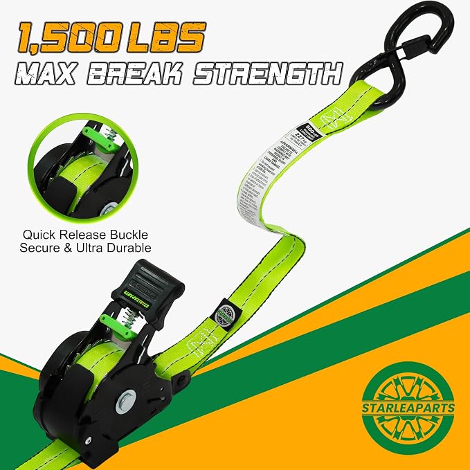 STARLEAPARTS Retractable Ratchet Straps(4PK 1.0INX12FT) - 1,500lb Break Strength, Ratchet Strap Heavy Duty with Rubber Coated Handle, Perfect Auto Ratchet Straps for Motorcycle, Kayak and Trucks