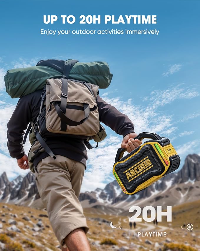 ANCOON Speakers Bluetooth Wireless: 80W(Peak) Loud Speaker with Bass, 20H Playtime, IPX6 Waterproof, Large Jobsite Speakers for Work, Outdoor, Workshop, Garage, Portable Speaker with TWS (Yellow)